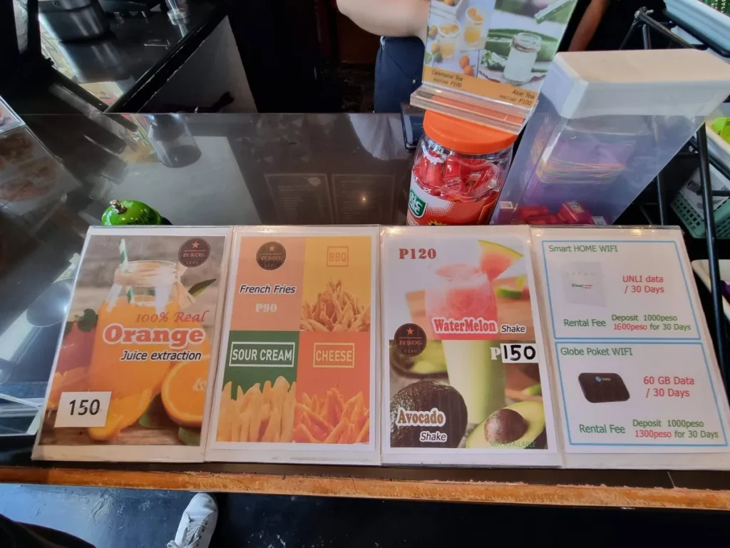 필리핀 세부 EV어학원 시티캠퍼스 음료 메뉴와 와이파이 렌탈 안내