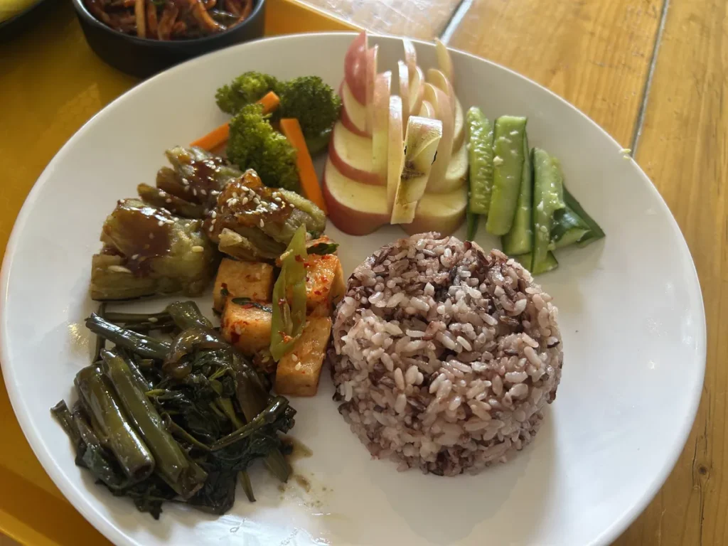 필리핀 바기오 JIC어학원 흑미밥과 가지 채소 반찬 한 접시