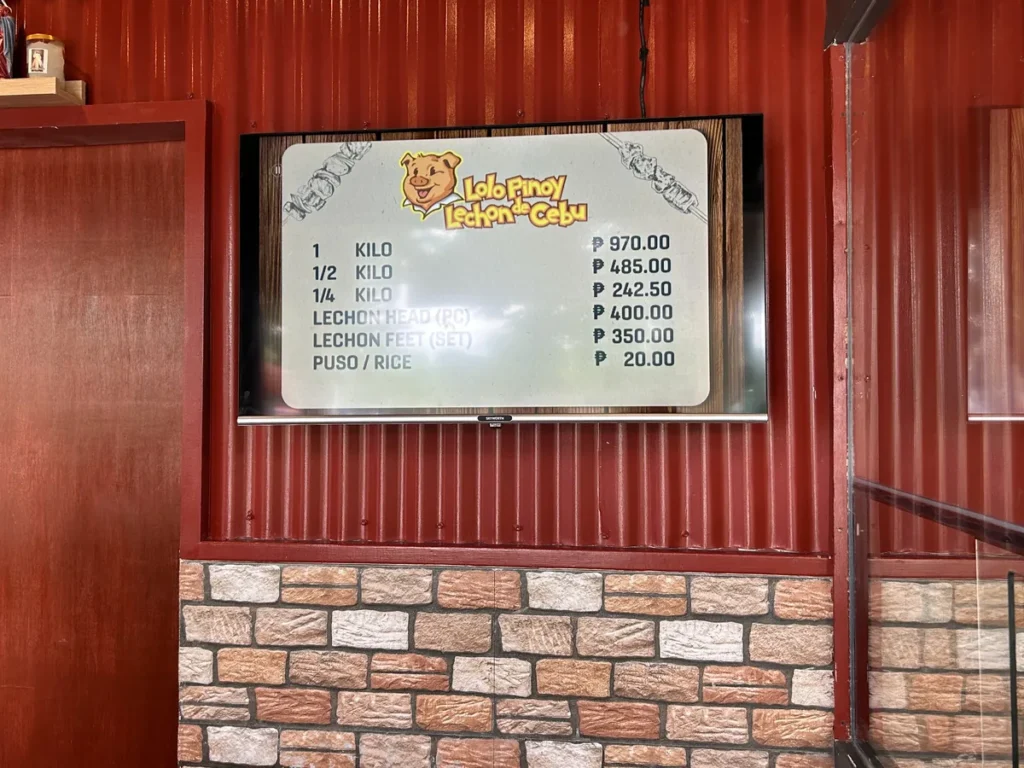 필리핀 막탄 QQ어학원 주변 상권 롤로피노이 레촌 식당 가격 안내판
