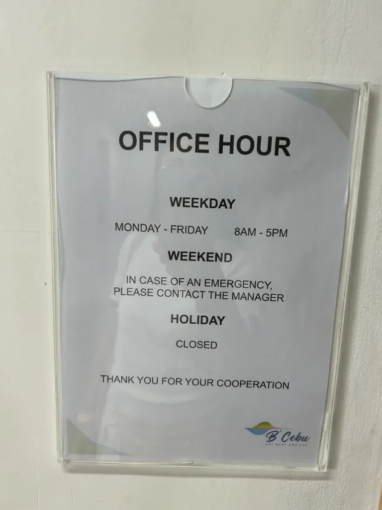 필리핀 세부 B CEBU어학원 오피스 운영시간 안내문
