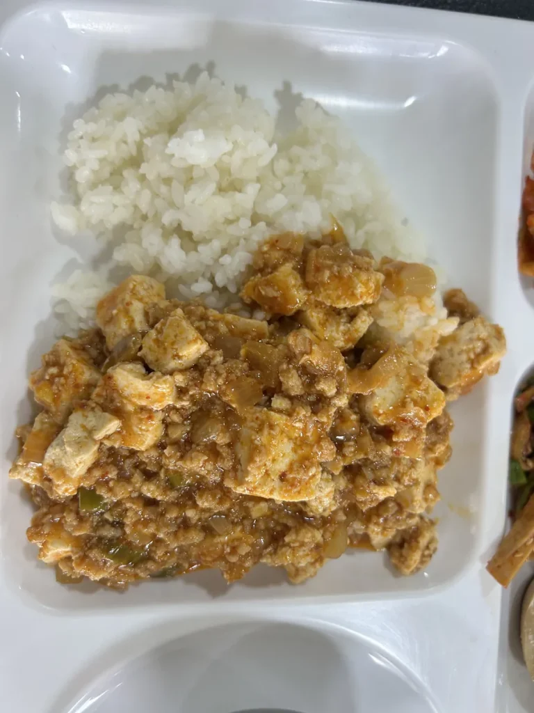 필리핀 클락 벨라(BELA) 어학원 식당 식사로, 식판에 담긴 흰쌀밥과 두부·다짐육 소스가 어우러진 마파두부를 가까이서 찍은 모습입니다.