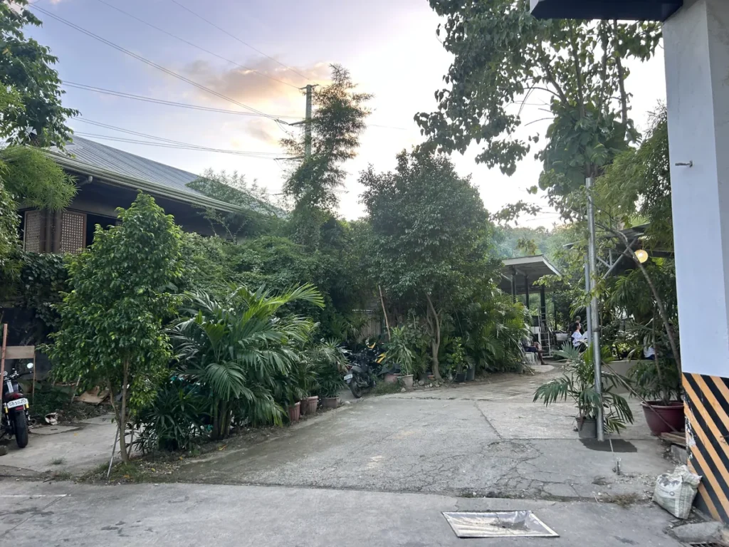 필리핀 세부 셀라(CELLA) 유니캠퍼스 어학원 학원 전경으로, 해질녘 오토바이 세워진 진입로 옆 전통 가옥 건물과 무성한 나무들이 보이는 모습입니다.