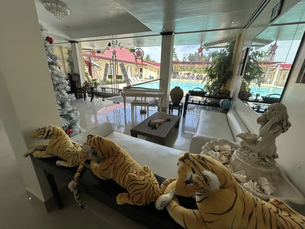 필리핀 세부 JJES 어학원 학원전경 입구로비로, 호랑이 인형이 놓인 벤치와 피아노 너머로 야외 수영장이 비치는 통유리 로비입니다.
