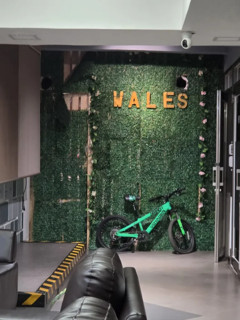 필리핀 바기오 웨일즈(WALES) 어학원 부대시설 휴게공간으로, 초록 이끼 월에 WALES 글자와 자전거가 놓인 포토존입니다.