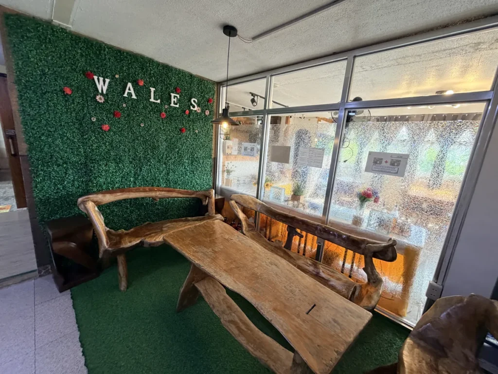 필리핀 바기오 웨일즈(WALES) 어학원 부대시설 휴게공간으로, 꽃 장식 WALES 월 앞에 통나무 벤치와 테이블이 놓인 창가입니다.