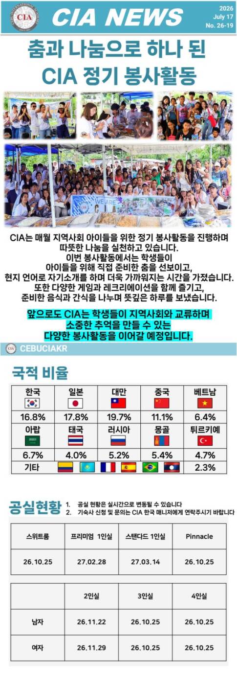 필리핀 세부 CIA 어학원 7월 셋째주 뉴스레터