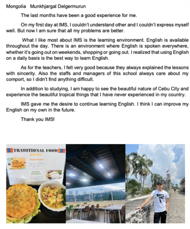 필리핀 세부 IMS어학원 바닐라드캠퍼스 프리미엄 ESL과정 8주 연수후기 (영문 후기)